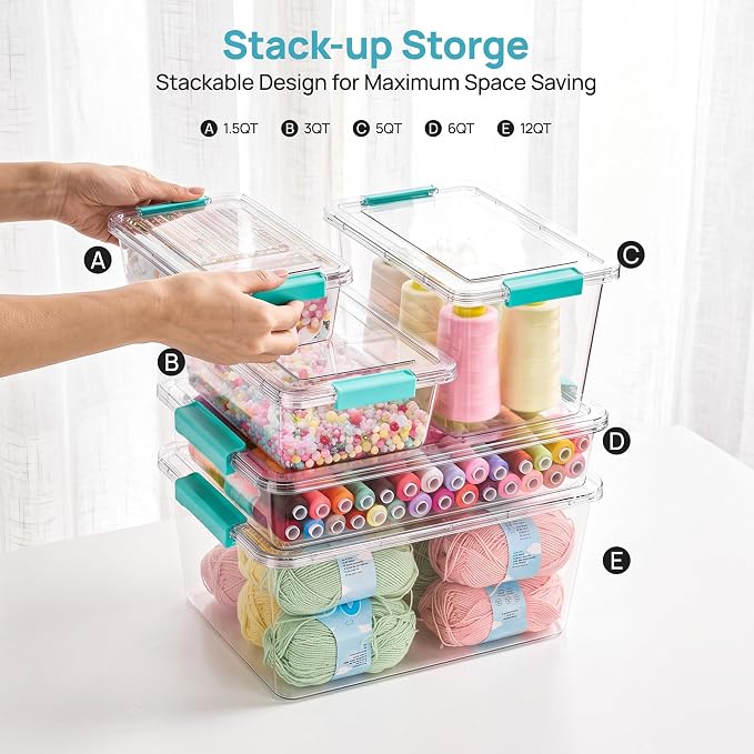 Vtopmart 4 Pack 12 Qt Clear Craft Storage Bins with Lids and Latches | Stackable PET Plastic Storage Box for Art & Craft Supplies, Paper, Toys, BPA-Free Containers for Organizing