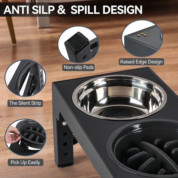 PAWISE Elevated Dog Bowls, 5 Height Adjustable Raised Dog Bowl Stand with 1 Slow Feeder Bowl & 2 Stainless Steel Bowls, Non-Slip Dog Feeding Station for Large, Medium, Small Dogs and Cats, Black