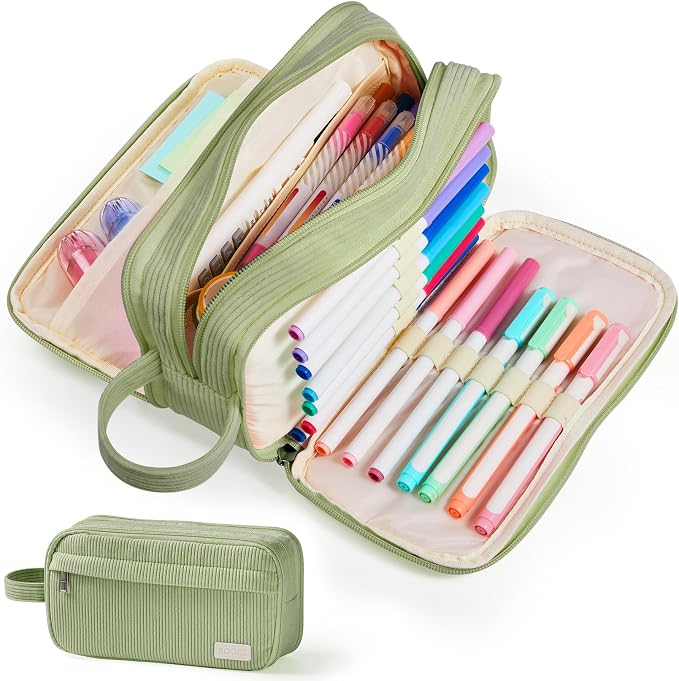 Sooez High Capacity Pencil Case, Soft Corduroy Pencil Pouch with 4 Compartments, Multiple Pockets, Large Pencil Bag with Sturdy Zipper, Cute Pencil Case Pouch Organizer for Student Teen Girls, Green