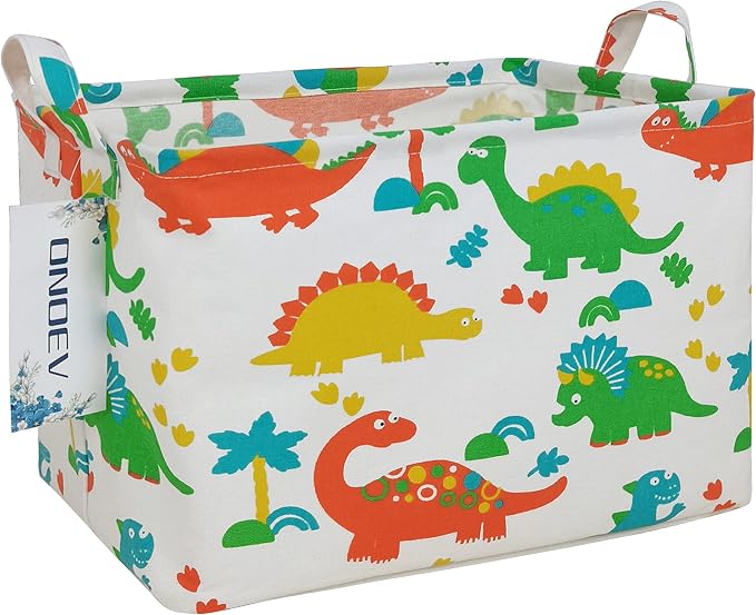 Rectangular Dinosaur Laundry Storage Bin for Adults and Kids | Damp resistant canvas fabric, sturdy stitched carry handles, foldable design organizes closet and playroom daily supplies