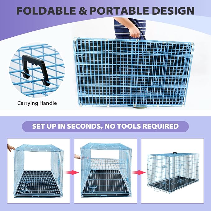 BestPet | Dog Crate | 48" | Blue | Foldable Metal Kennel with Double Doors | Secure Slide-Bolt Latches, Leakproof Tray | Portable Dog Cage for Large Breeds | for Travel, Indoor & Outdoor Use