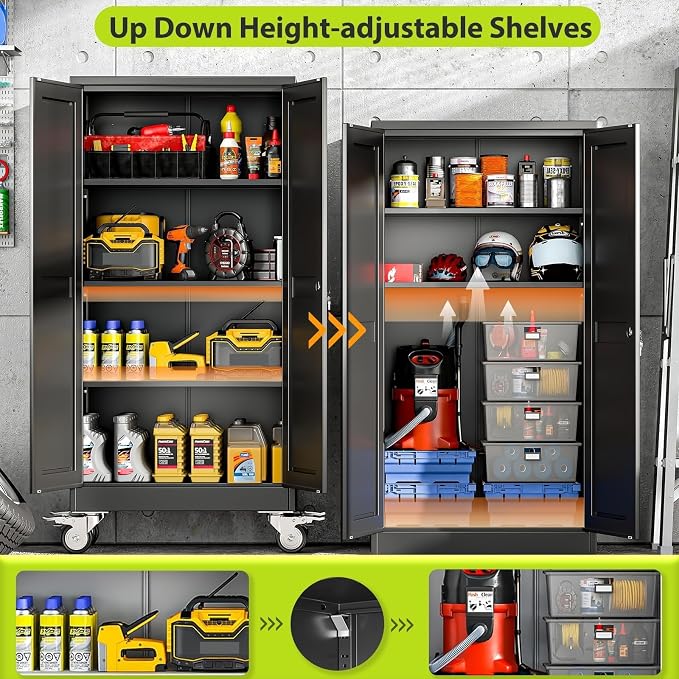 61-Inch Metal Garage Storage Cabinet with Wheels, Locking Doors and Shelves | 3 Adjustable Shelves, Locking Doors, Magnetic Closure, 360° Casters, Anti-Tip Kit, Cold-Rolled Steel