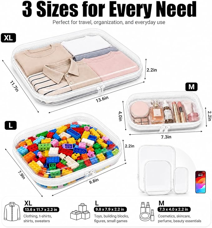 3 Pack Clear Hard Shell Zipper Case (1XL + 1L + 1M, White) | Travel Toiletry Bag, Waterproof 1.2mm PET Hard Plastic Pouches, Organizer Box for Makeup, Toy, Snack, Stationery, Diaper