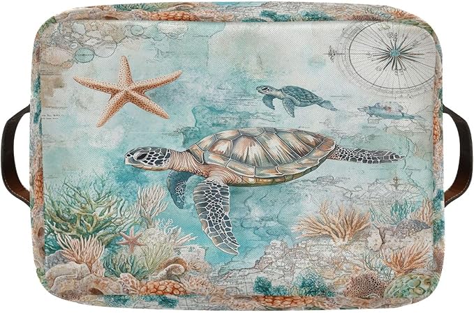 Sea Turtle Storage Basket Fabric Storage Bin Nautical theme Baskets Coastal Starfish Foldable Storage Boxes Organizer Bag for Baby Cloth Dog Toy Book Storage Cubes Shelf Closet Basket 16×12×8 Inches