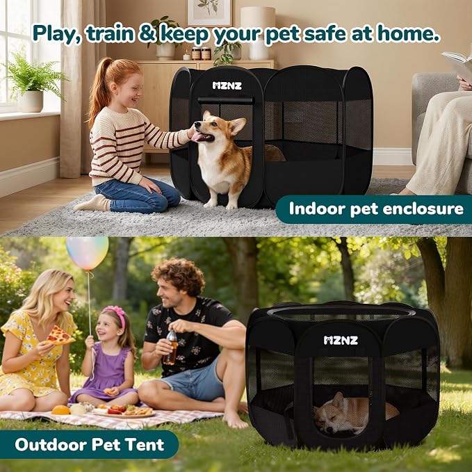 Dog Cat Small Animal Puppy Playpen Crate, Medium, Whole Black | Portable Pop Up Pet Cage Enclosure Tent Kennel Indoor Outdoor with Carrying Case, No Assembly, Camping Use