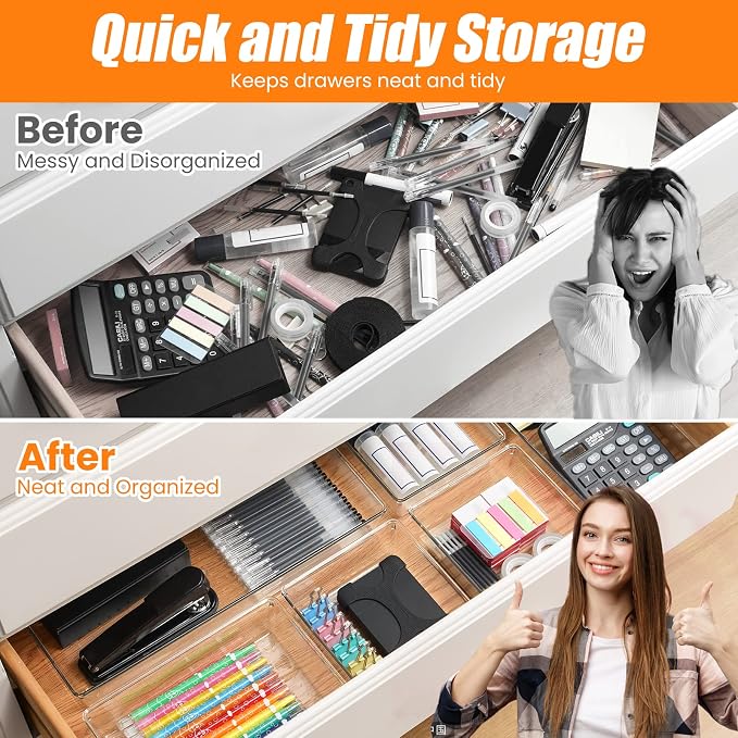 18 Pcs Large Size Clear Drawer Organizer Set, Acrylic Non Slip Non Cracking Kitchen Drawer Storage Tray Divider, Multifunctional Storage for Cosmetics, Bathroom, Tools, Kitchen and Office