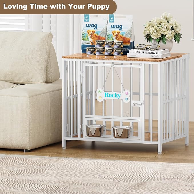 Easycom 27" Foldable Dog Crate Furniture, No Assembly, White & Beech | Decorative Wooden Dog Kennel Indoor With Adjustable Bowls and Name Tag, Small Dogs (Under 20 lbs), End Table