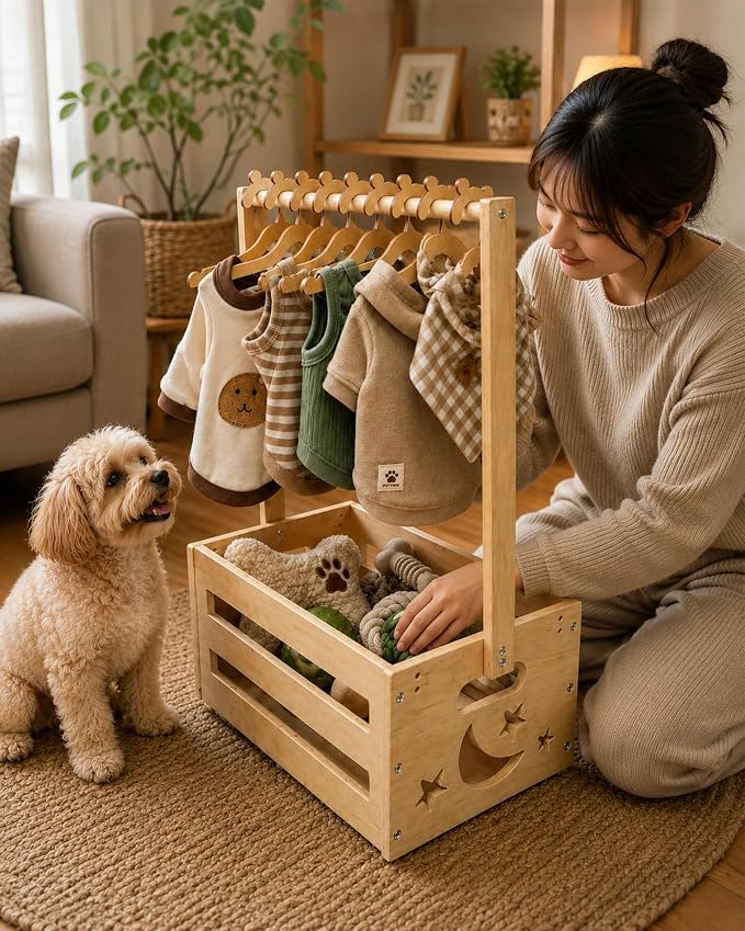 Wooden Pet Wardrobe Closet with 8 Clothes Hangers, Dog Storage Organizer with Clothes Rack, Cat Toy Accessories Storage Bin, Cat Wardrobe with Handle, Easy to Assemble