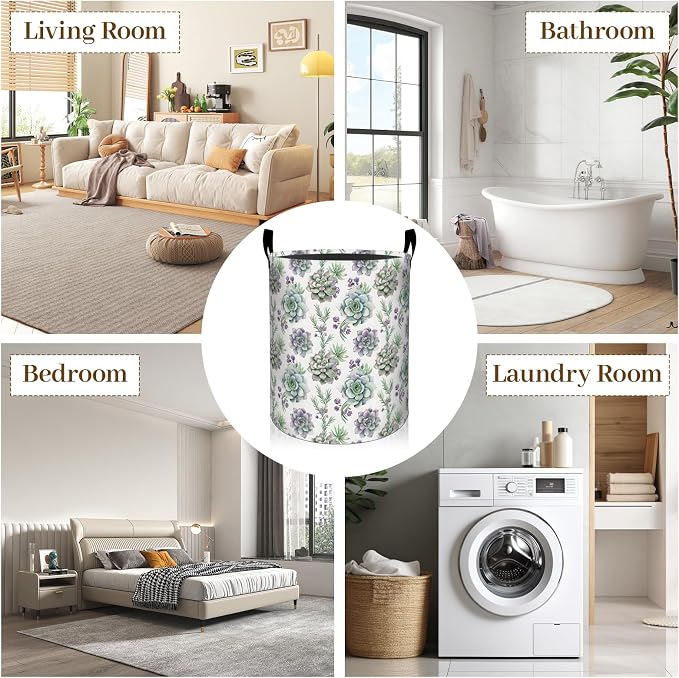 Succulent Laundry Basket, Botanical Floral Foldable Oxford Cloth, Waterproof Dirty Clothes Hamper with Handles, Clothing Storage Bin Toy Organizer for Bedroom Dorm Bathroom, 19.7"x15.7"