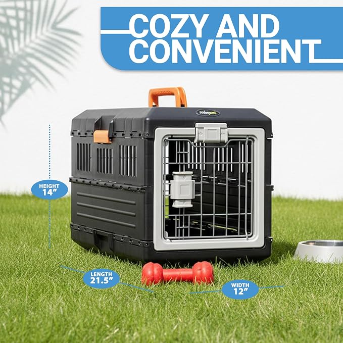Collapsible Pet Carrier for Small Cats & Dogs, 21.5"L x 12"W x 14"H | Hard-Sided Crate Walls, 360-Degree Ventilation, Tool-Free Snap Assembly, Folds Flat to 5.5 In, for Travel & Storage