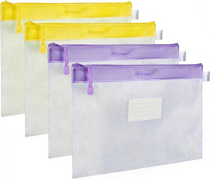 Wisdompro Zipper Pouch, 4 Pack Waterproof Mesh File Bag, Document Organizer | 13.3x9.8", Letter Size Mesh Bag with Outer Label Pocket, Durable, Perfect for File, Paper, Office, School, Purple/Yellow