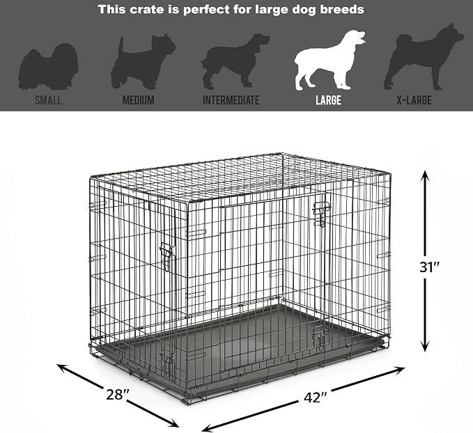 New World by Midwest 42-Inch Double Door Crate, for Large Breeds, 71-90 lbs | Folding Dog Crate, Leak-Proof Tray & Secure Latches, Portable, Durable & Easy to Assemble