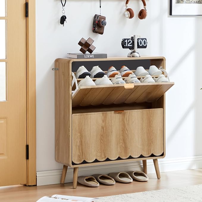 Shoe Storage Cabinet for Entryway with 2 Flip Drawers, Freestanding Narrow Wooden Shoe Cabinet with Wave Panel, Hidden Shoe Organizer for Foyer, Hallway (Natural)