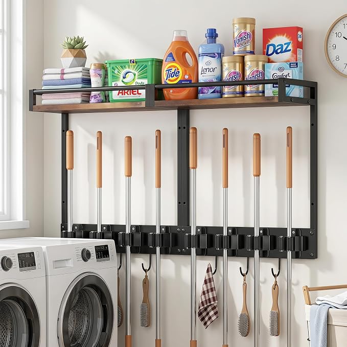 Broom Holder Wall Mount with Shelf, 15.7" Wx6.7 Dx15.7 H, 2 Packs | Load 66LBS, 4 Mop Hanger Grippers, 3 Hooks, for Laundry Room, Garage, Utility Closet, Kitchen