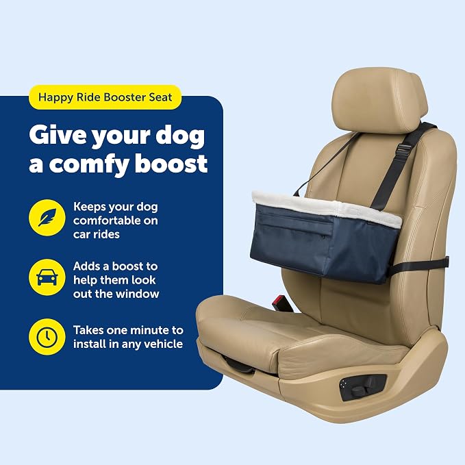 PetSafe Happy Ride Dog Booster Seat, Navy Blue, Up to 12 lb | Raises Small Dogs to Window Height In Most Cars, Connects to Seatbelt with Safety Tether, Fleece Liner Is Machine Washable