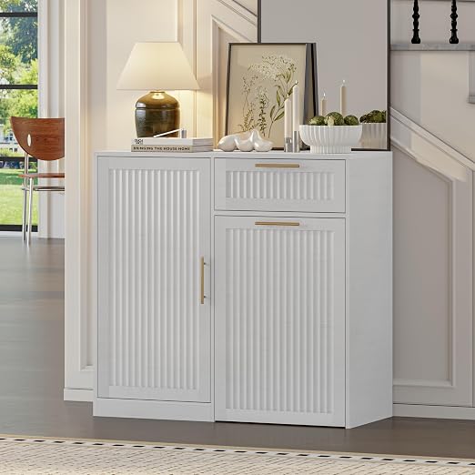 Single 13 Gallon Pull Out Trash Can Cabinet with Storage Cabinet,White | Pet Proof Hidden Garbage Can Cabinet,3-Tier Shelves,Fluted Design,Extra Drawer Space,Kitchen & Dining Room Organization