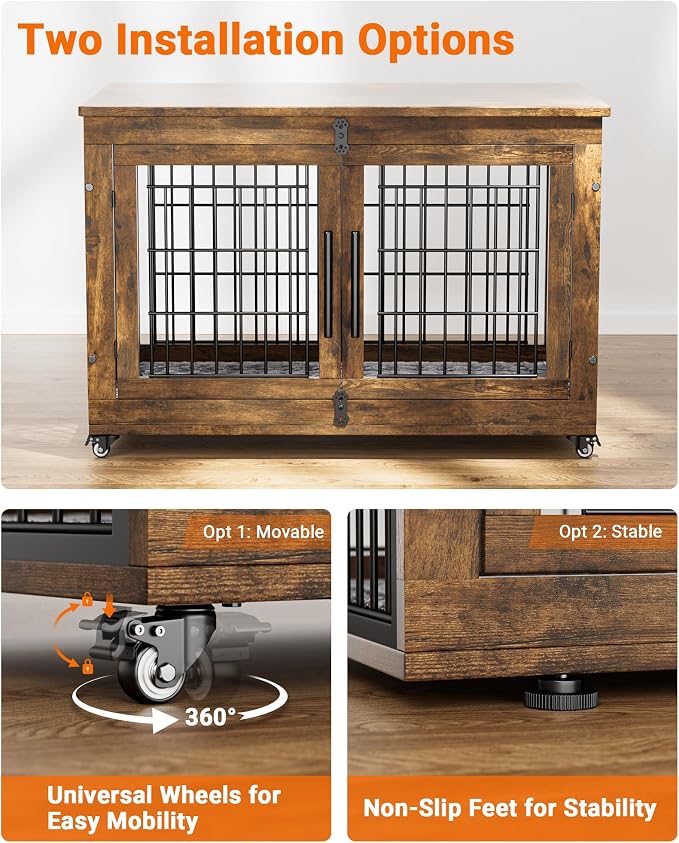 YaFiti Dog Crate Furniture, 38.5" Wooden Indoor Dog Kennel, Rustic Brown | for Large/Medium Dogs, Up to 70 lb, Cushion, Wheels, Double Doors, Furniture Style, Side End Table, Decorative Pet Cage House