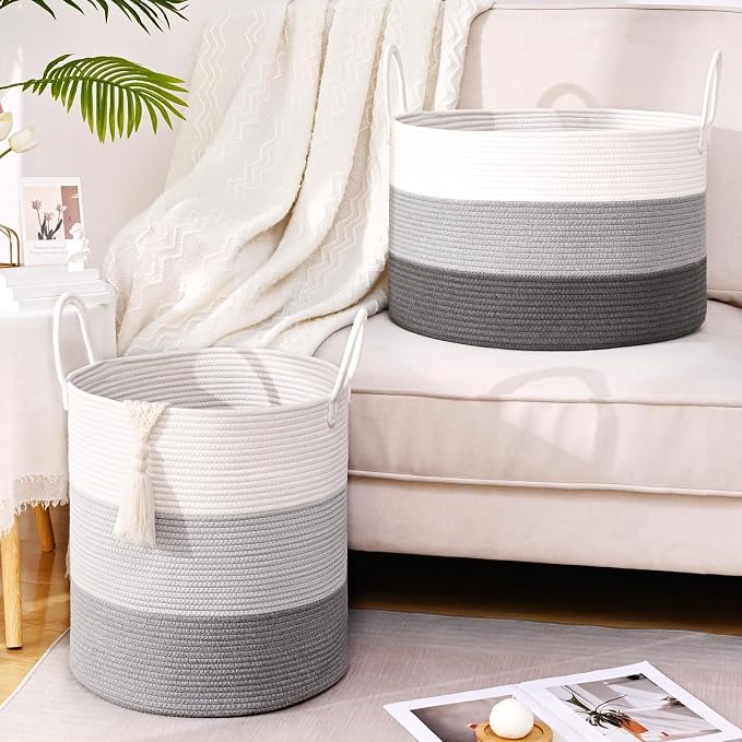 67L Large Woven Blanket Basket, Cotton Rope Baby Laundry Hamper with Handles, Kids Toy Basket for Classroom & Nursery, Soft Round Stuffed Animal Storage, Dog Toy Bin - 20"x13", Gray