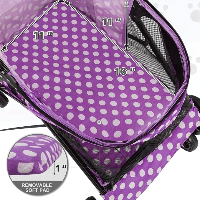 MoNiBloom Pet Stroller for Small/Medium Dogs and Cats, Purple Polka Dots | Foladble 4 Wheels Easy-Fold Puppy Cage Jogger Stroller with Sun Cover, Pad and Rear Storage Bag, Breathable and Visible Mesh