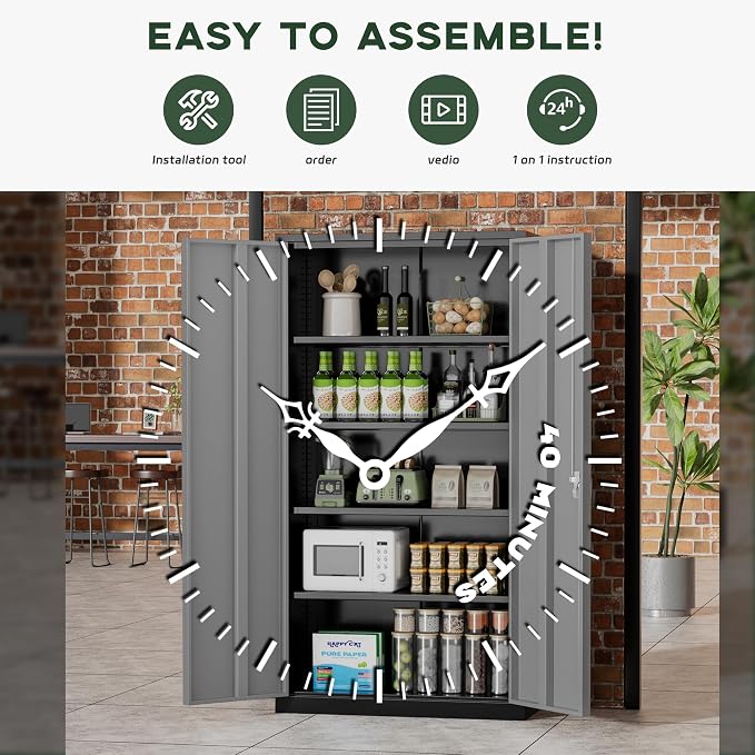 Greenvelly Metal Storage Cabinet, 72" Locking Metal Garage Storage Cabinet with Doors and 4 Adjustable Shelves, Lockable Steel Cabinet for Home Office, Garage, Shop, School (Black Grey 36" W x 18" D)