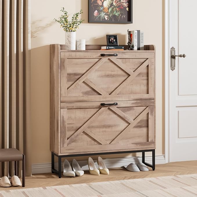 Shoe Cabinet with 2 Flip Drawers，Freestanding Shoe Storage Cabinet, Narrow Shoe Organizer Cabinet, Farmhouse Slim Shoe Rack Cabinet for Entryway,Toasted Oak
