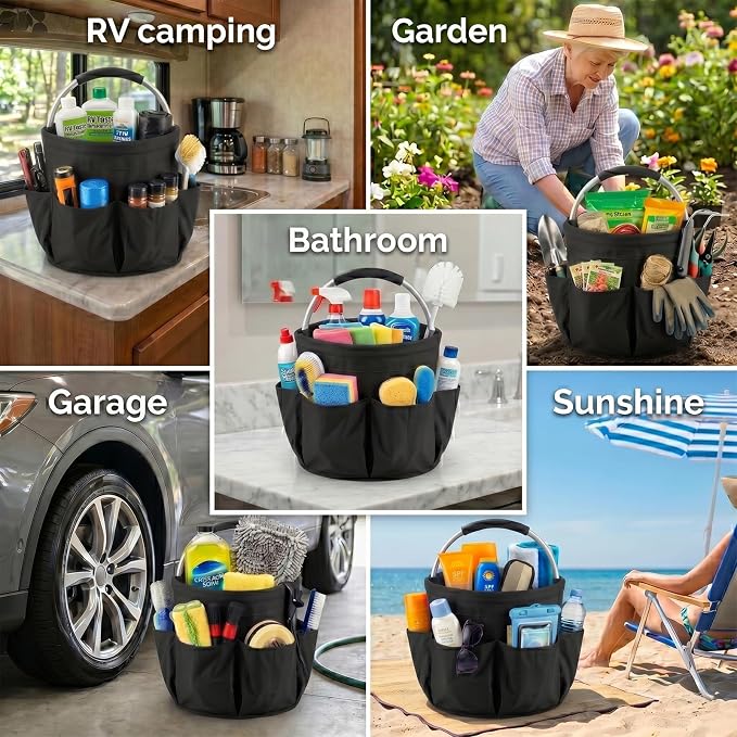 Foldable Cleaning Organizer Caddy With Handle 17L Large Cleaning Supplies Organizer 600D Oxford Portable Organizer Bucket With 6 Pockets for Home Bathroom Garden Garage Bedroom