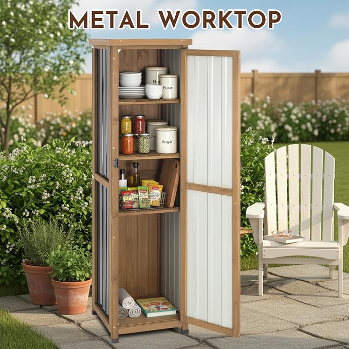 Ketive Tall Narrow Outdoor Storage Cabinet, 62-Inch, 3 Adjustable Shelves | Fir wood frame and corrugated metal panels with a protective top for garden tools on covered patios, porches and garages.