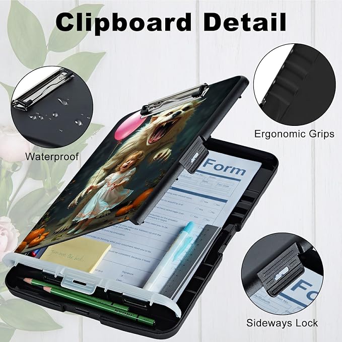 A4 Clipboard with Storage Pen Holder, Clipboards Organizer Nursing Clipboard Foldable File Folder Plastic Clipboard Folio Clip Board for Office Classroom Doctor, White Tiger Balloon Girl