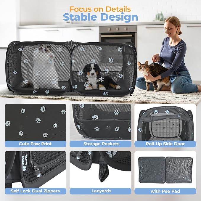 2-in-1 Dog Playpen 58''Pop Up Cat Pet Playpen, Assembly-Free Indoor Outdoor Kitten Enclosure, Breathable Cat Cage Portable Puppy Tent Crates,Spacious Kennel for Small Animals, No Confinement Feel(M)