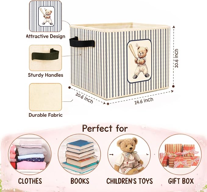 Baseball Teddy Bear Sports Foldable Fabric Storage Bin | Sports teddy bear stripe design; foldable fabric storage bin for kids room, nursery, playroom, toys, books, clothes.