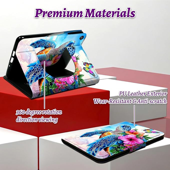 Rotating Handle Case for Samsung Galaxy Tab A8 10.5" 2022 (SM-X200/X205/X207), 360 Degree Swivel Kickstand with Magnetic Closure Shockproof Leather Cover for Women Men, Turtle Pink Flower