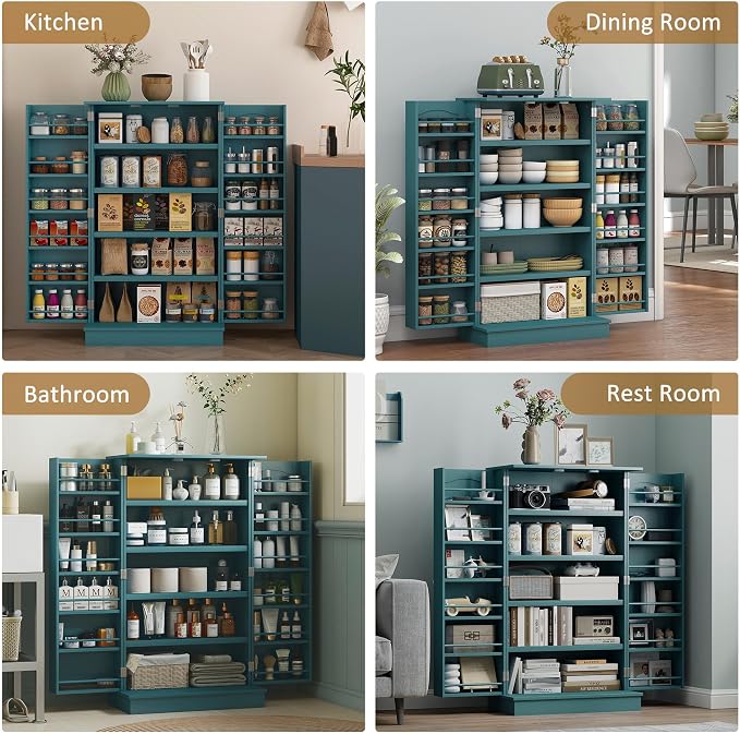 HOMCOM 41" Kitchen Pantry Storage Cabinet 12 Door Shelves Double Doors Blue | Freestanding Kitchen Cabinet, 2 Doors, 5-Tier Shelving, Adjustable Shelves