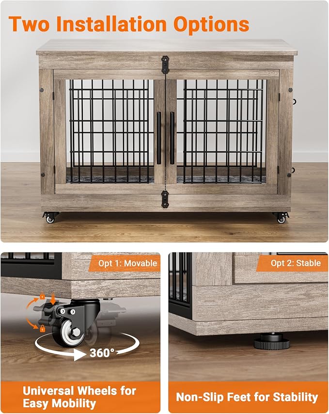 YaFiti Dog Crate Furniture, 38.5" Wooden Indoor Dog Kennel, Grey | Cushion, Wheels, Double Doors, for Large/Medium Dogs, Up to 70 lb, Furniture Style, Side End Table, Decorative Pet Cage House