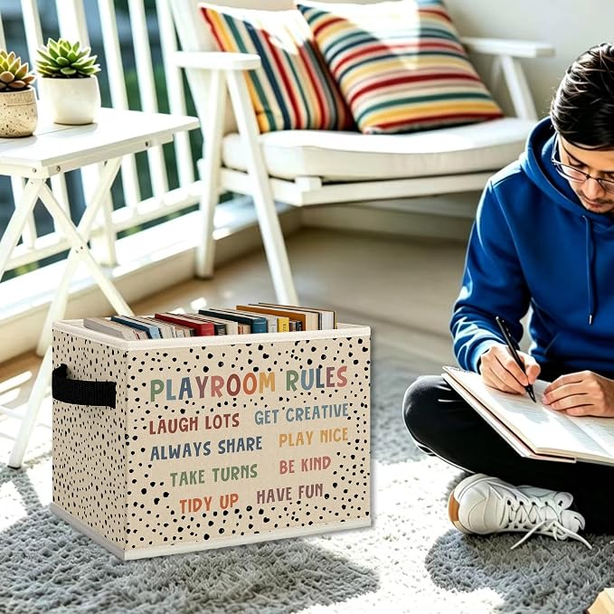 Boho Nursery Playroom Cube Storage Bins with Handles, Playroom Rules Collapsible Fabric Storage Basket Boxes Books Clothes Organizer for Kids Boys Girls Room Bedroom Playroom Bathroom