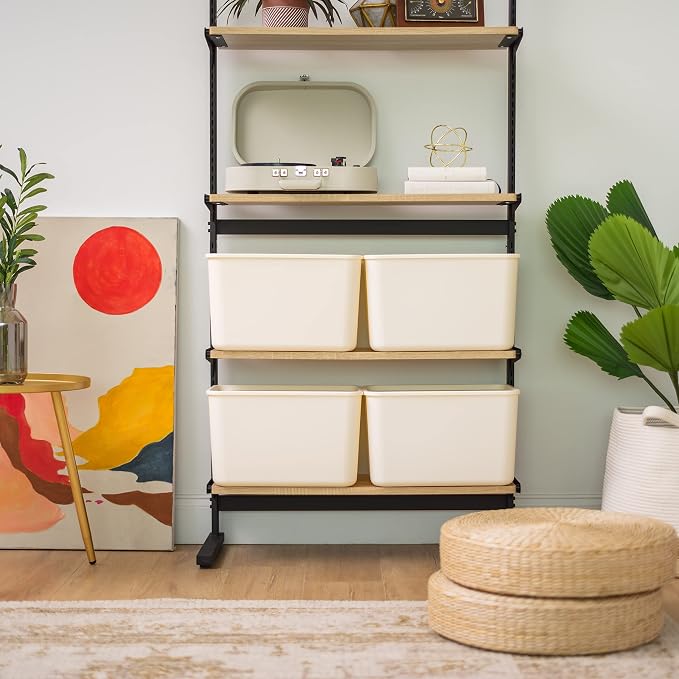 IRIS USA Storage Bins with Lids |Made in USA| Large (4-Pack) - Off White | Modern Basket Container Boxes for Bedroom, Living Room, Kitchen, Bathroom & Closet Organization