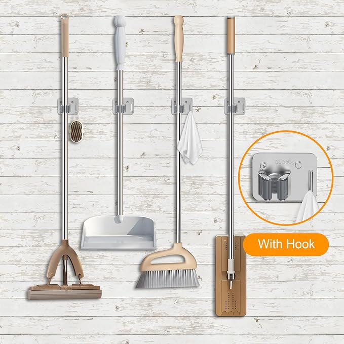 4 Pack Stainless Steel Heavy Duty Broom Holder Wall Mount with Hook, Silver | Screw Drilling Mop and Broom Hanger, Single Storage Rack for Laundry Garage Closet Garden Tool Organizer