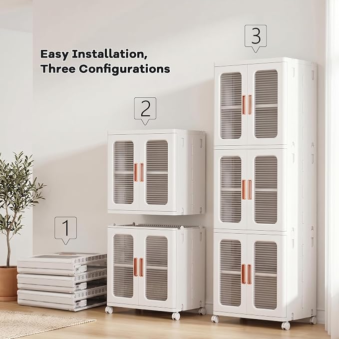 3-Tier Tall Narrow Plastic Storage Cabinet, Foldable | Rolling Organizer with Lid,Doors,Stackable, Adjustable Shelves, Durable PP,Freestanding Bathroom Cabinet for Small Slim Space