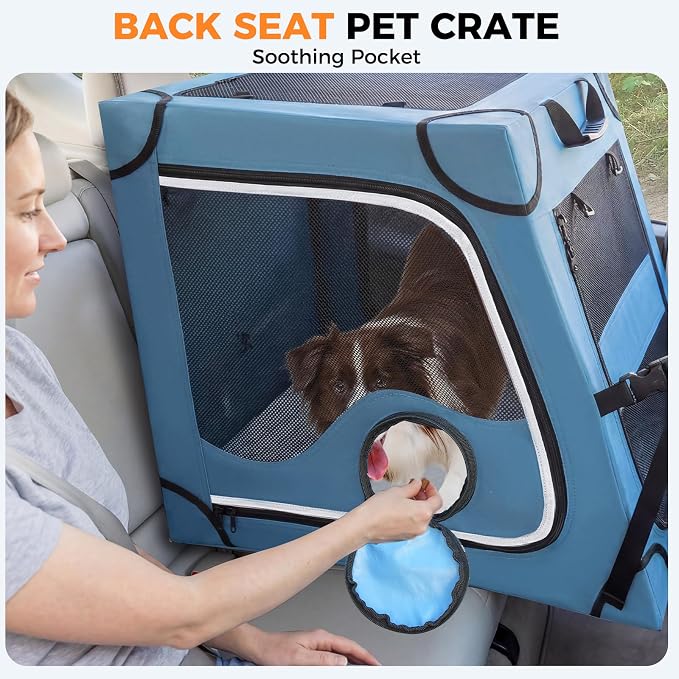 Snagle Paw Portable Dog Crate for Car Travel,Metal Frame Pet Crate,Pet Carrier for Car Back Seat Secures with Headrest Strap and Seatbelt,L