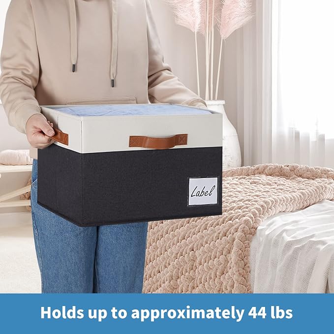GhvyenntteS Large Storage Bins with Lids (3 Pack), Storage Baskets with Lid and Label Window, Foldable Fabric Storage Boxes with 3 Handles for Home Office College Dorms (Black, 15" x 11" x 9.7")