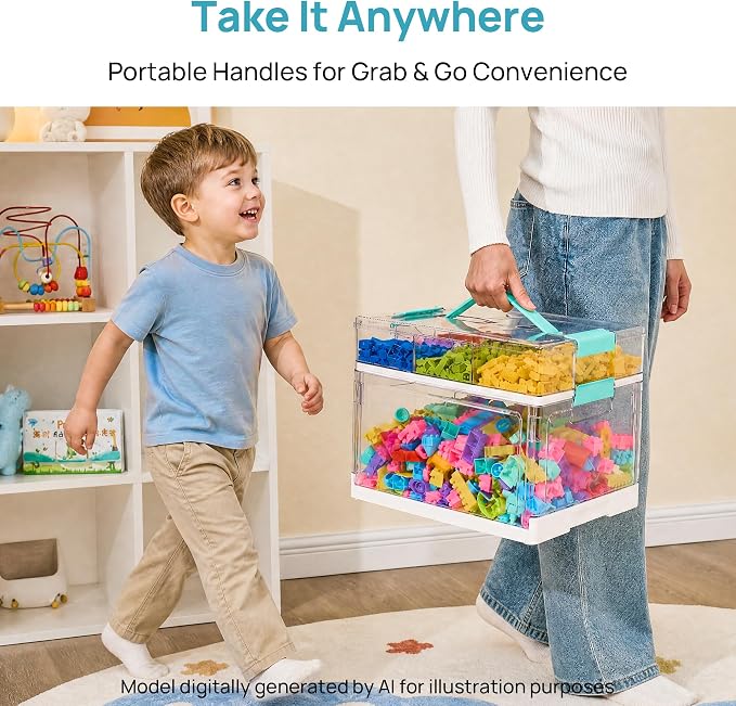 Vtopmart 32 QT Clear Craft Organizer with Removable Divider Tray, 1 Pack | Crystal-Clear PET Material, Built-In Carry Handle, Secure Locking Latches, Vertical Space Saving, 2 Layer Large Capacity