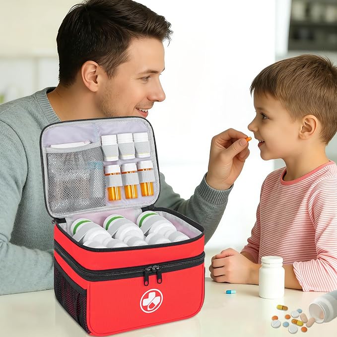 Dual Layers Medicine Organizer, Lockable Travel Pill Bag, Red | Adjustable dividers for neat pill organization. Durable zippers & portable design suit daily use, travel or first aid kit