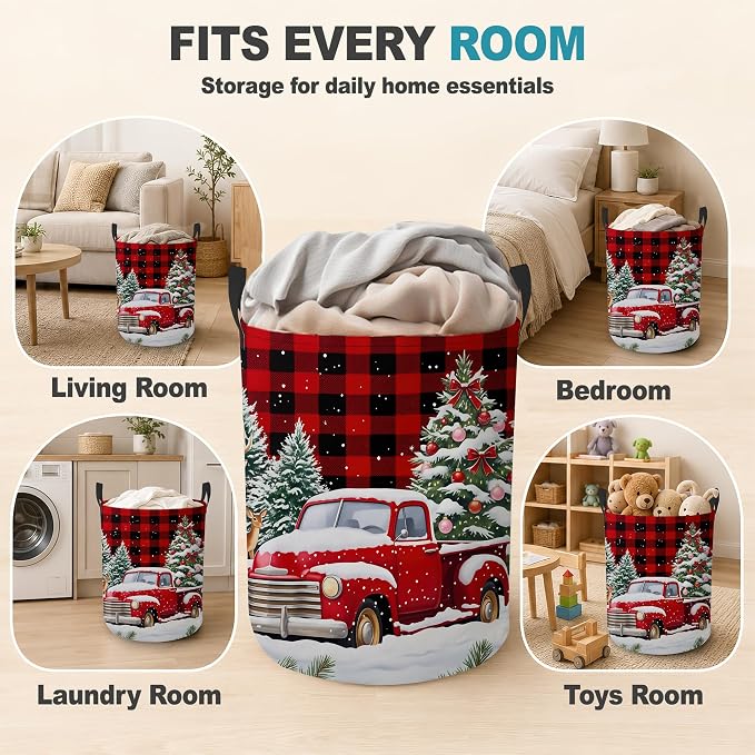 Christmas Red Truck Collapsible Laundry Hamper,Winter Deer Waterproof Oxford Cloth Clothes Basket with Handles for Bathroom Bedroom Nursery Dorm Room,16" x 20"