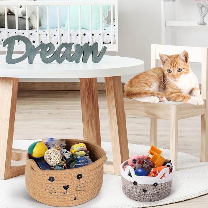 Zopeal Cat Storage Basket Woven Organizer with Ears Decorative Gift Cute Cotton Rope Pet Toy Basket for Gift Cat Dog Toy Bin Nursery Room(13.7 x 7.8 Inch,Khaki)
