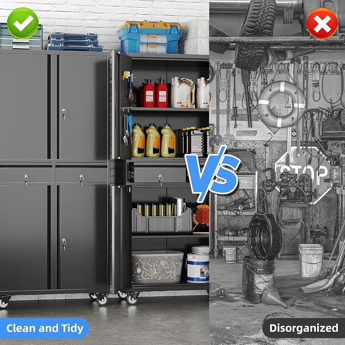 Garage Storage Cabinet with Wheels and 2 Drawers, 71" H Locking Metal Storage Cabinet with Pegboard Doors and 2 Adjustable Shelves for Garage, Warehouse, Home, Black, Assembly Required