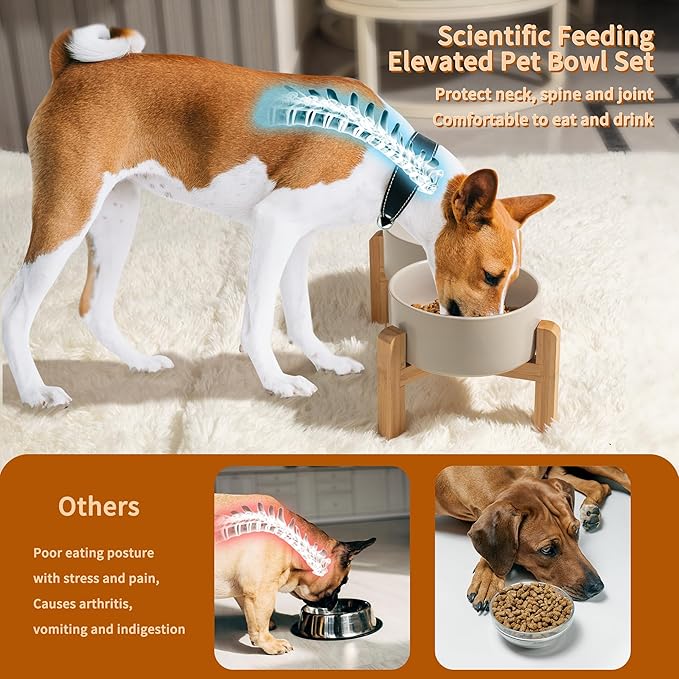 Elevated Ceramic Dog Bowl Set - Raised Dog Bowls with Non-Slip Bamboo Stand - Dog Food and Water Bowl Set - Double Dog Feeding Bowls - Suitable for Small and Medium Dogs - 3.6 Cups