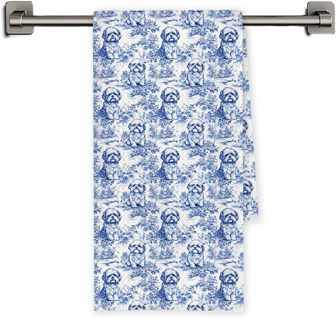Chicimln Chinoiserie Shih Tzu Kitchen Towels, Shih Tzu Gifts for Women Men Decorative Hand Towels for Bathroom, Blue and White Dog Dish Tea Towel Drying Cloth for Kitchen Decor, 16x24 Inch