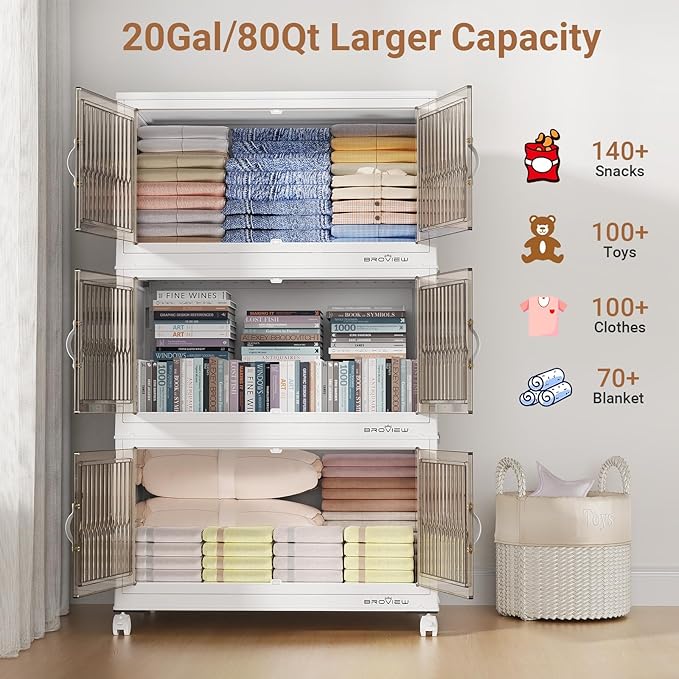 BROVIEW 240Qt Stackable Storage Bins with Lid for Home Dorm, 3Pack White | Closet Organizers, Foldable & Collapsible Cabinets, Large Containers, Wheels & Magnetic Doors, Plastic Drawers for School