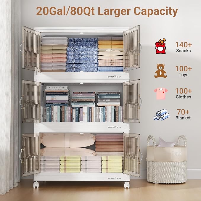 BROVIEW 320Qt Stackable Storage Bins with Lid for Home Dorm, 4Pack White | Closet Organizers, Foldable & Collapsible Cabinets, Large Containers, Wheels & Magnetic Doors, Plastic Drawers for School