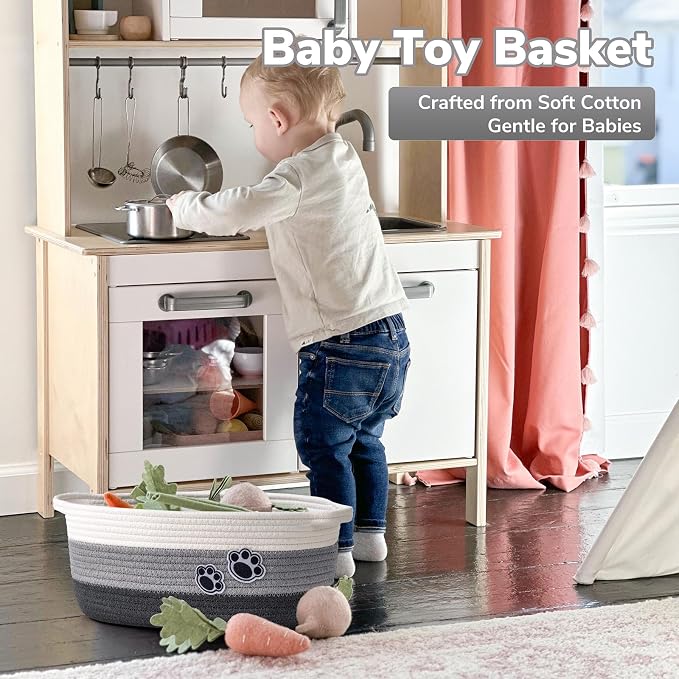 Medium Woven Rope Dog Toy Basket with Paw Print, Mixed Grey | 13.6"x 10" x 6", Cotton Rope Dog Toy Bin & Box, Gift Basket Empty With Handles, Storage Basket for living Room Bedroom