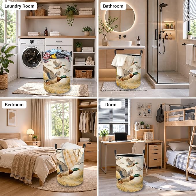 Laundry Hamper, Flying Ducks Collapsible Wildflowers Laundry Baskets Waterproof Oxford Cloth With Handles, Clothes Storage Bucket For Bathroom/Bedroom 16" x 20.8"